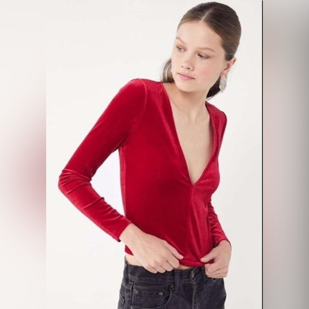 Urban Outfitters Bree Velvet V Neck Hot Pink Top